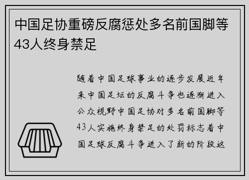 中国足协重磅反腐惩处多名前国脚等43人终身禁足